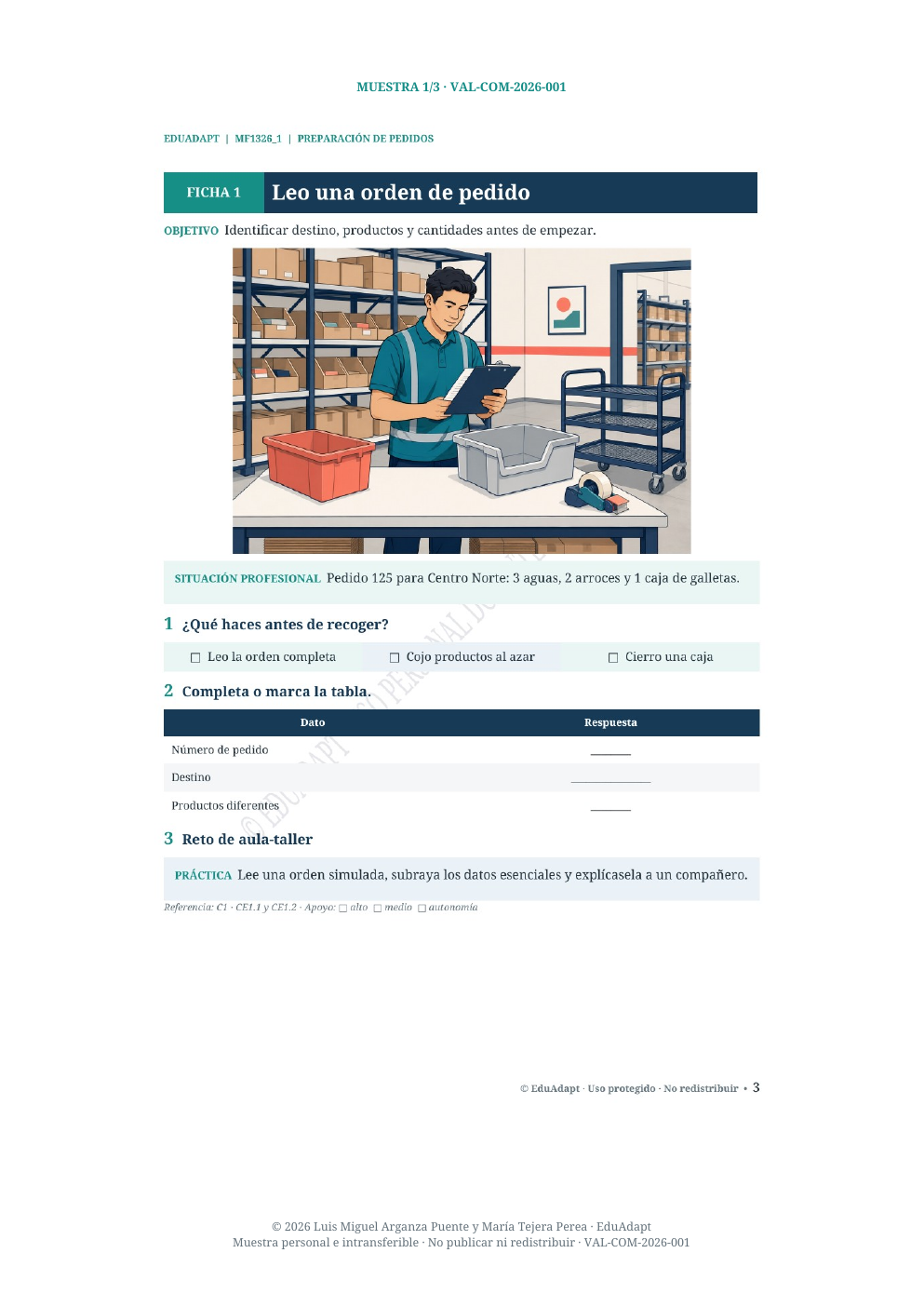 Ficha EduAdapt para leer una orden de pedido